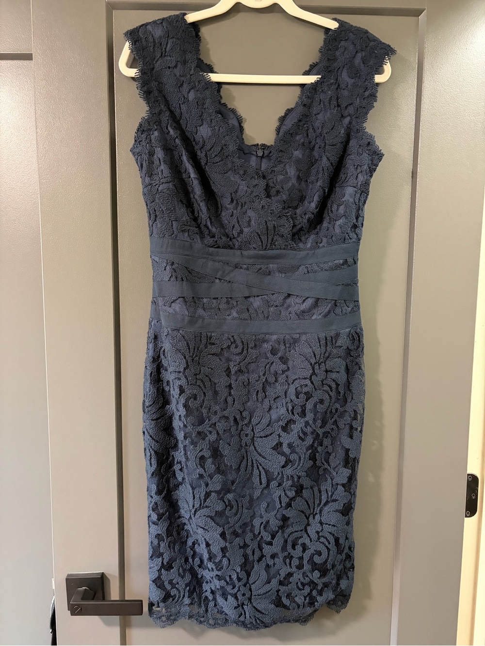 Tadashi Shoji - Navy Lace Sheath Dress with Banded Waist - Size 8